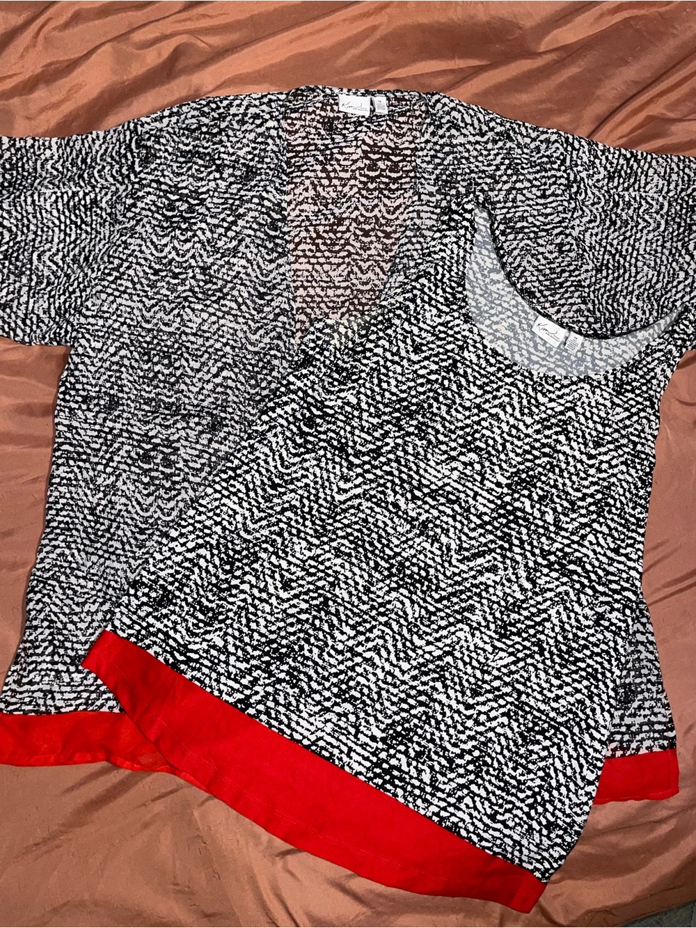 Black & White Patterned Blouse with Red Trim & Matching Tank Top